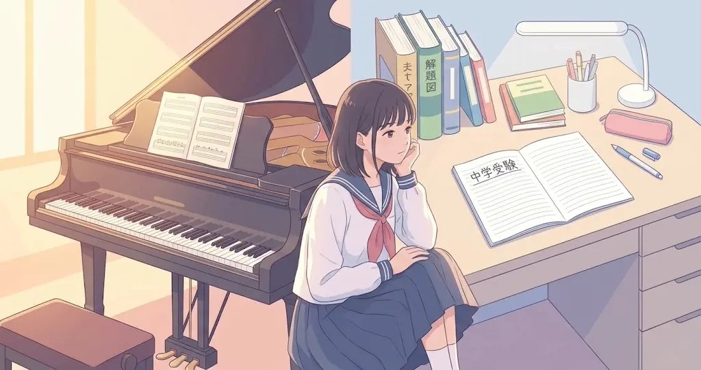 小学生時代に習っていたピアノと中学受験の勉強を両立・選択したエピソードのイラスト。