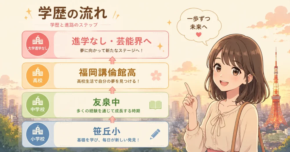 今田美桜の学歴一覧。小学校から中学校、高校、大学進学なしまでの経歴と確度をまとめた図解イラスト。