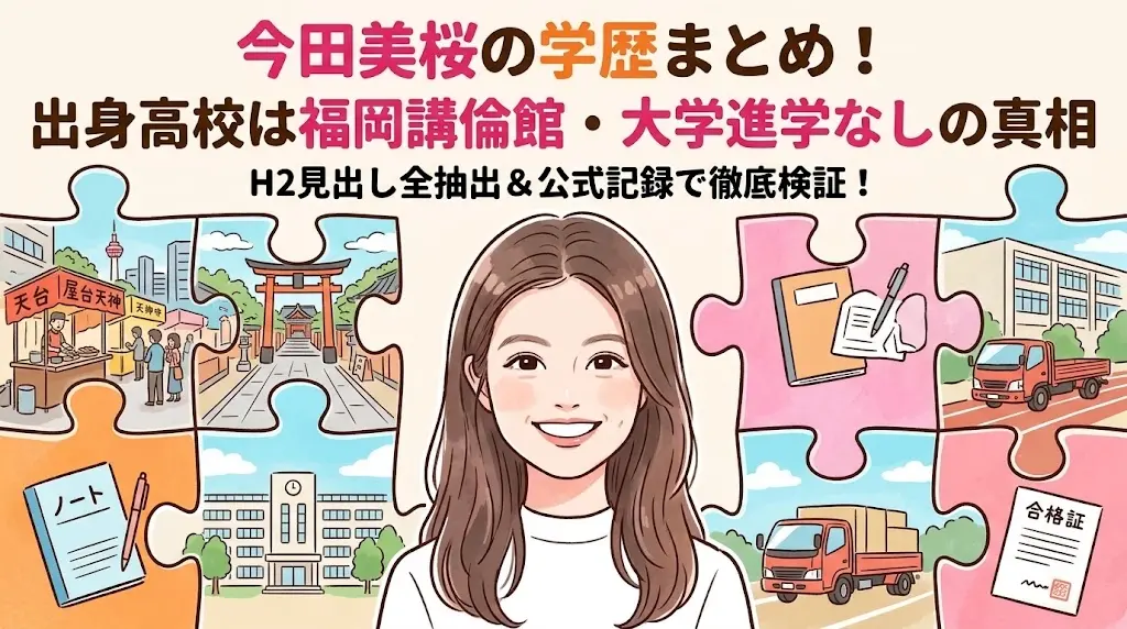 今田美桜さんの学歴をまとめた記事のアイキャッチ画像。高校は福岡講倫館、大学に進学しなかった理由や、中学時代の走り幅跳びの記録などを紹介。