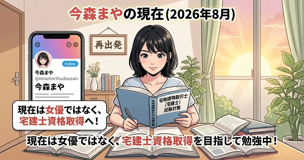 今森まやさんの現在の状況（2026年8月時点）を示すイラスト。Xの表示名がひらがなの理由、2026年に活動再開し、現在は宅地建物取引士（宅建士）の資格取得を目指して勉強中であることを伝える。