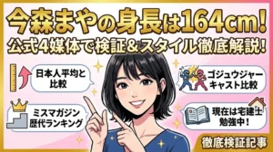 今森まやさんの身長は164cm！4媒体公式データ検証、日本人女性平均との比較、ミスマガジン歴代ランキング、ゴジュウジャーキャスト比較、そして宅建士を目指す現在を徹底解説した記事のアイキャッチ画像。