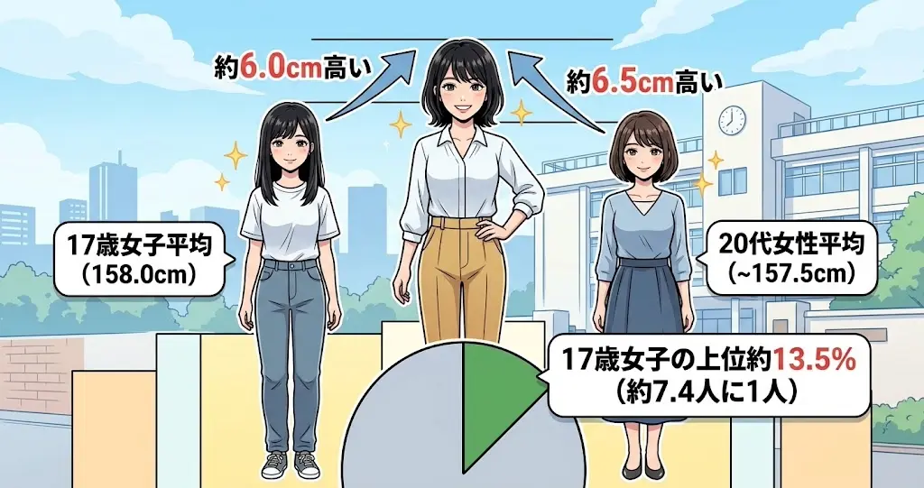 今森まやさんの身長164cmが、日本人17歳女子の全国平均158.0cmや20代女性平均約157.5cmと比較して高いことを示す、イラスト風の身長比較グラフ図解。