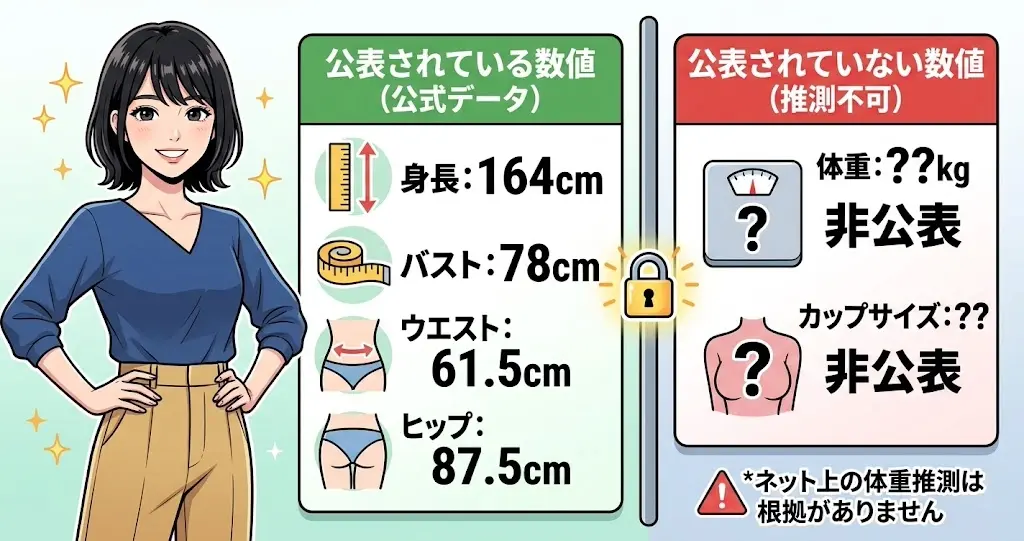 今森まやさんの公表されているスリーサイズ（B78・W61.5・H87.5）と、非公表である体重・カップサイズの線引きを示すイラスト図解。ネット上の体重推測は根拠がない。