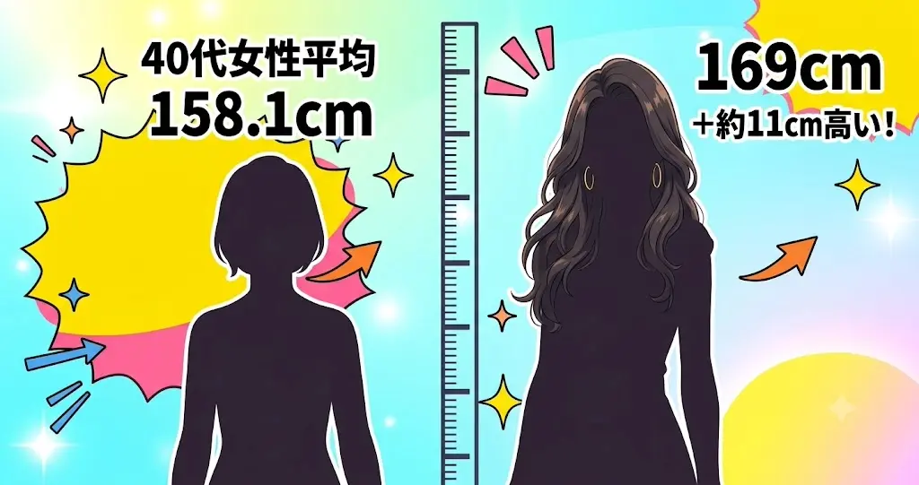 40代日本人女性の平均身長158.1cmと、橋本マナミの169cmを比較する図解イラスト