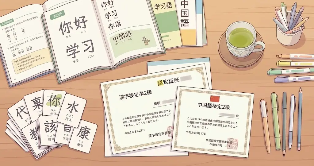 漢字検定準2級と中国語検定2級の資格取得と自己研鑽を表現した学習デスクのイラスト。
