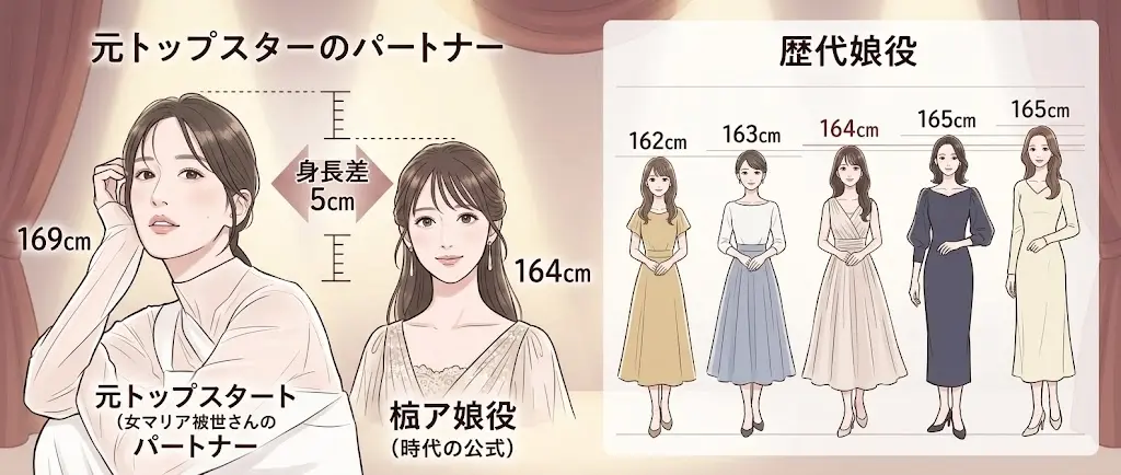 花乃まりあと明日海りおの身長差5cmおよび歴代花組トップ娘役の身長比較イラスト
