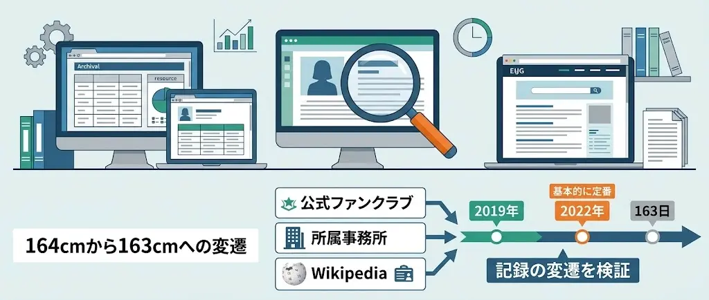 調花乃まりあの身長表記が公式FCやWikipediaで164cmから163cmに変わった変遷の検証図