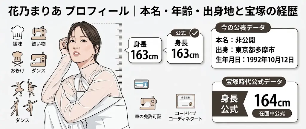 元宝塚娘役トップ・花乃まりあのプロフィール、経歴、趣味、資格、そして在団中164cmと退団後163cmの公式身長を、画像_4.pngを元にイラストで解説した図解図。