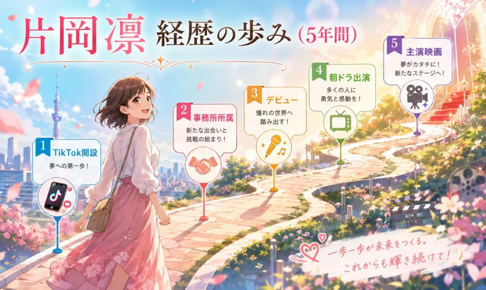 TikTok発掘から朝ドラ出演まで片岡凛の5年間の経歴と成長を描いた年表風イラスト