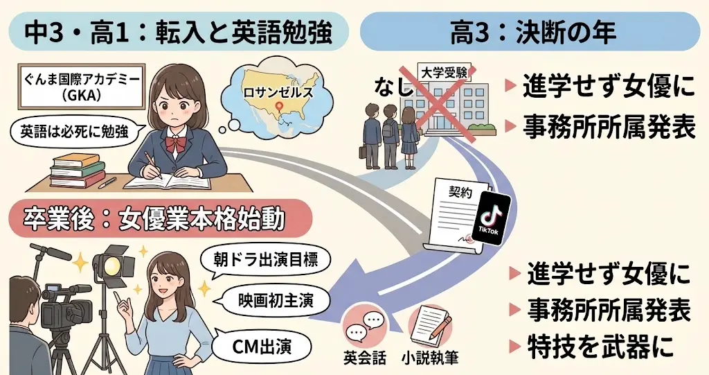片岡凛の学歴とキャリアの重なりを示すタイムラインイラスト風図解。画面は chronological に3セクションに分かれ、全て日本語テキスト。第1セクション「中3・高1: 転入と英語勉強」では凛-like女性がGKA教室で必死に勉強。「英語は必死に勉強」と「ロサンゼルス」の thought bubble。第2セクション「高3: 決断の年」では、大学進学の道(なし)とフラーム所属発表の path、TikTokアイコン、そして「進学せず女優に」の thought bubble。第3セクション「卒業後: 女優業本格始動」では、映画セットで「朝ドラ出演目標」「映画初主演」「CM出演」のアイコンとパフォーミング姿。特技の英会話とギター、小説執筆も描かれている。
