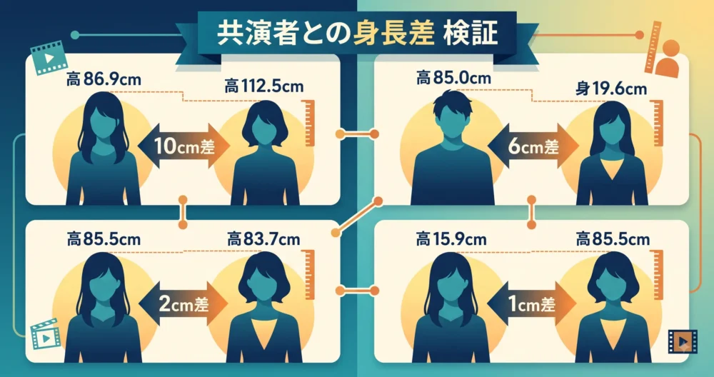 片岡凛とドラマ・映画の共演者との身長差を比較解説した図解イラスト