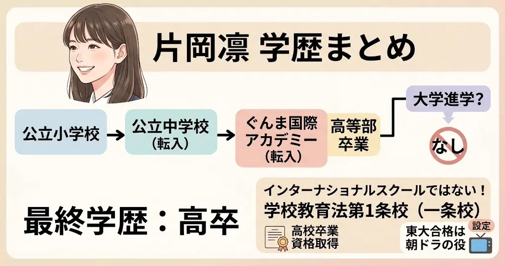 片岡凛の学歴まとめ図解イラスト。genericな日本人女性の横顔イラストの下に、「公立小学校」から「ぐんま国際アカデミー(転入)」、「高等部卒業」へのタイムラインが描かれている。別系統で「大学進学?」に「なし」のアイコンと「最終学歴: 高卒」の大きな日本語文字。さらに「東大合格は朝ドラの役(設定)」という補足パネルも含まれている