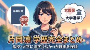 片岡凛の学歴まとめアイキャッチ画像。卒業証書を持つ制服姿の女性イラストと、「大学進学？」の問いに「女優業へ」と答える矢印、そして大きな日本語タイトル「片岡凛 学歴完全まとめ｜高校・大学に進学しなかった理由を検証」が描かれている。誰もがクリックしたくなるような、夢と決断を感じさせるデザイン。