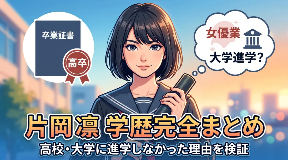 片岡凛の学歴まとめアイキャッチ画像。卒業証書を持つ制服姿の女性イラストと、「大学進学？」の問いに「女優業へ」と答える矢印、そして大きな日本語タイトル「片岡凛 学歴完全まとめ｜高校・大学に進学しなかった理由を検証」が描かれている。誰もがクリックしたくなるような、夢と決断を感じさせるデザイン。