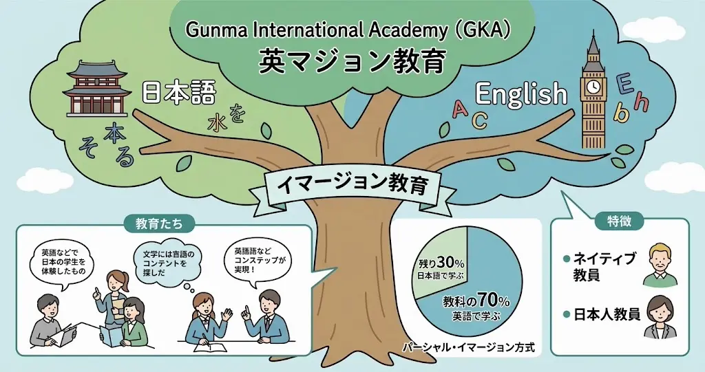 ぐんま国際アカデミー(GKA)の英語教育法「イマージョン教育」の図解イラスト。中央に日本語と英語の両輪となる木が描かれ、その下に円グラフで「教科の70%は英語で学ぶ(パーシャル・イマージョン方式)」と「残り30%は日本語で学ぶ」が明確に示されている。ネイティブ教員と日本人教員、そして生徒たちが授業を楽しむ様子と、「英語はツール、英語で学ぶ」という日本語メッセージも添えられている。