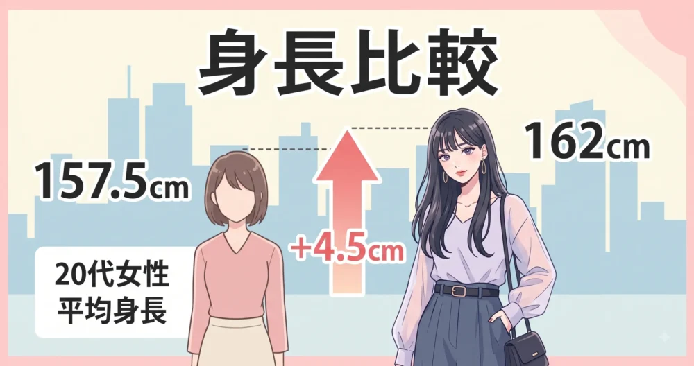 片岡凛の身長162cmと20代日本人女性の平均身長157.5cmを比較した分かりやすい図解イラスト
