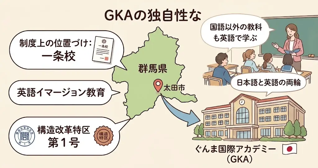 ぐんま国際アカデミー(GKA)の独自性を説明するイラスト風図解。群馬県太田市に位置するGKAの建物イラストから、「制度上の位置づけ: 一条校」と「構造改革特区 第1号」の公式シール、そして「英語イマージョン教育」の文字と日本語・英語の両輪アイコンが伸びている。教室内でネイティブ教員と日本人教員が連携する様子も描かれ、日本の学校であることを強調している。