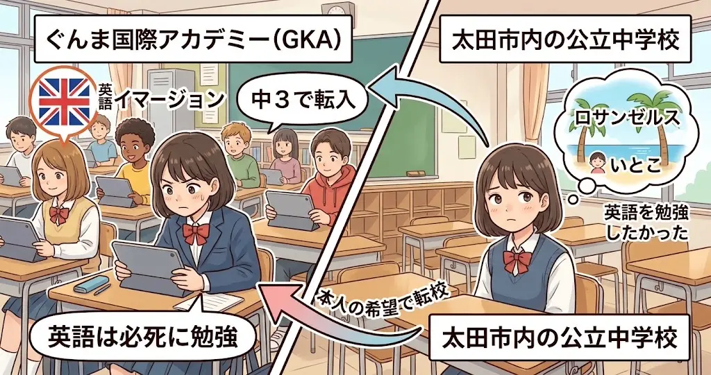 片岡凛(genericなイメージ)の出身中学に関するイラスト。斜めに分割された画面で、右側は太田市内の公立中学校の教室、左側はGKAの「英語イマージョン」環境を示す classroom。右側の公立中の生徒(凛-like)が「ロサンゼルス」と「いとこ」の thought bubble を持ち、「英語を勉強したかった」と公立中からGKAへ矢印が伸びる。「本人の希望で転校」の日本語テキストと、GKA側で必死に勉強する姿が描かれている。