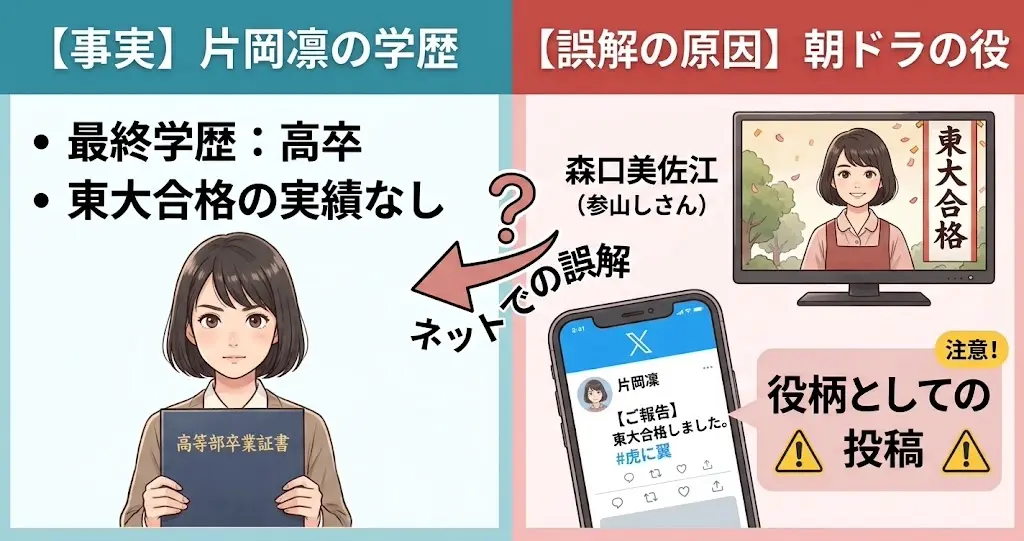 片岡凛(genericなイメージ)の「東大合格」に関する誤解を解くイラスト。画面は2分割され、左側の「【事実】片岡凛の学歴」パネルには、genericな凛-like女性が「高卒」の卒業証書を持ち、「最終学歴: 高卒」「東大合格の実績なし」の日本語日本語文字。右側の「【誤解の原因】朝ドラの役」パネルには、テレビ画面の中のキャラクター「森口美佐江」が「東大合格」の横断幕と描かれ、その下のスマホ画面(X投稿)に「【ご報告】東大合格しました。 #虎に翼」と表示されている。役の設定であることを強調している。