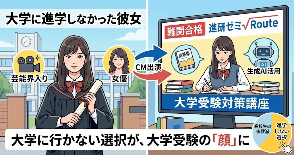 大学に進学しなかった凛-likeな generic 女性(左側、卒業証書と女優業アイコン)が、右側の巨大なCM画面で、難関合格を目指すスタディサプリ√Routeの「顔」として登場するイラスト。画面には日本語で「難関合格 進研ゼミ√Route」と「大学受験対策講座」の文字。矢印が「CM出演」と繋ぎ、「大学に行かない選択が、大学受験の『顔』に」という大きな日本語テキスト。少数派の選択が成功した現代的な出来事として描かれている。