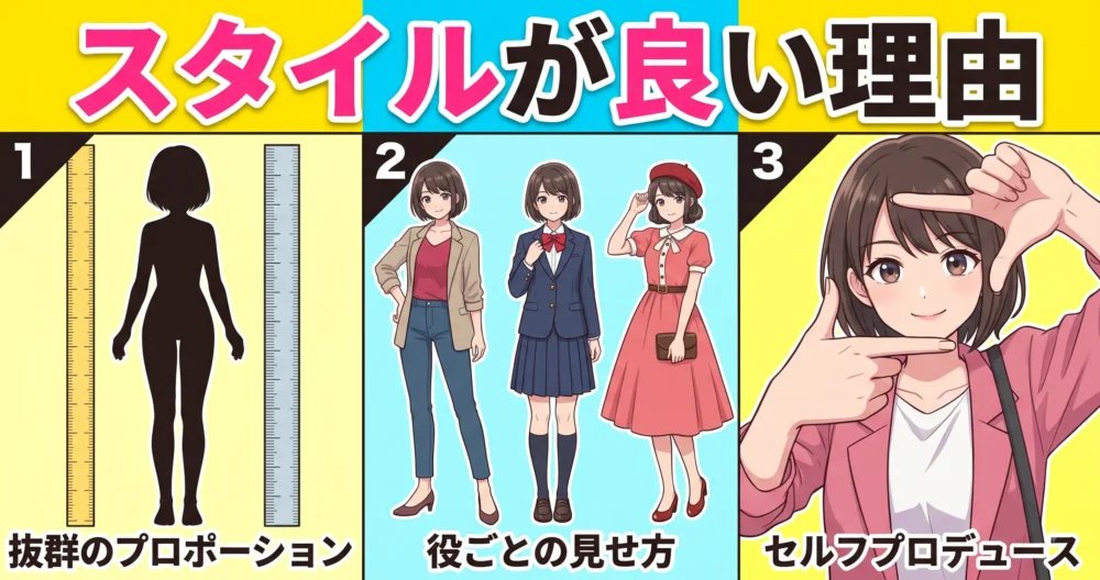 片岡凛のスタイルが良い理由を解説したイラスト。抜群のプロポーション、役ごとの見せ方、高いセルフプロデュース力の3つの要素を描画。