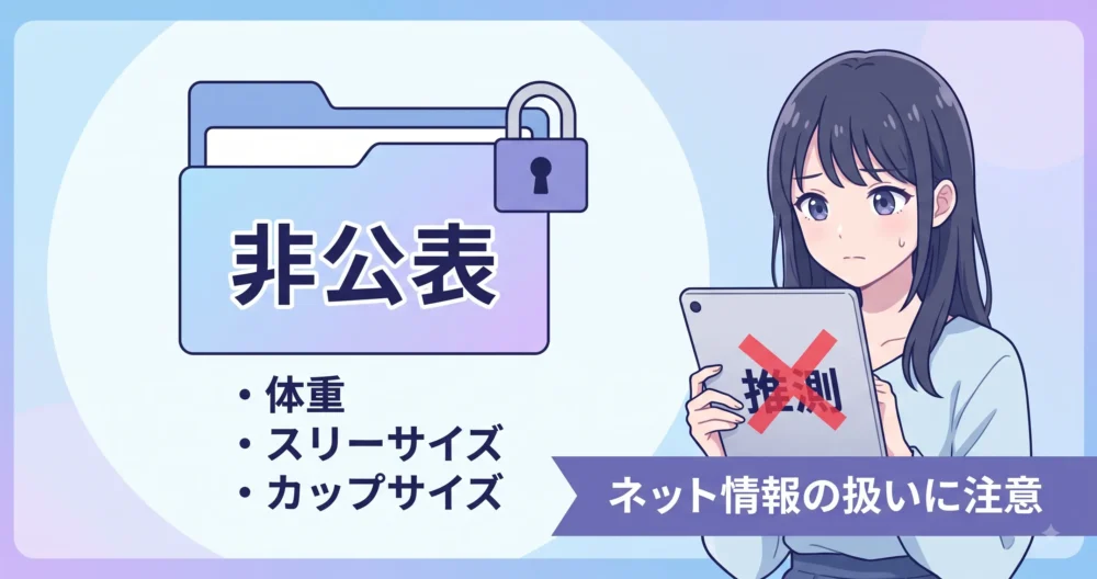 片岡凛の体重やスリーサイズが非公表であることを示しネットのうわさの注意点を伝えるイラスト