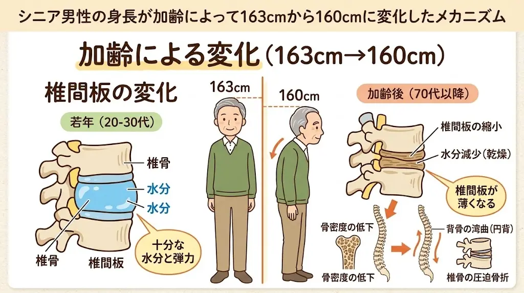 加齢で身長が163cmから160cmに縮む流れの図解