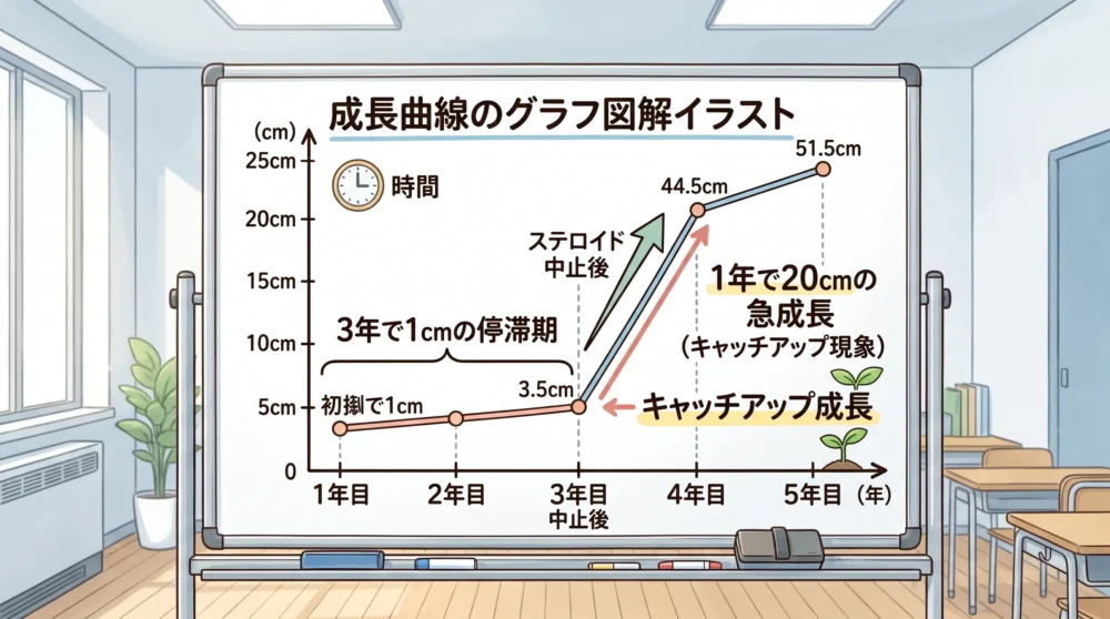 3年で1cmと1年で20cmを平均成長量と比べた図