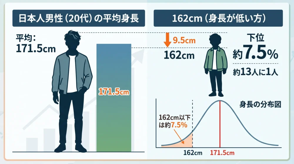 162cmと20代男性平均171.5cmを比べた棒グラフ