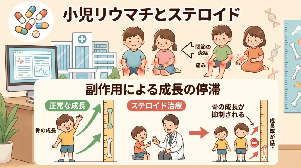 小児リウマチとステロイド副作用4つを示した図解