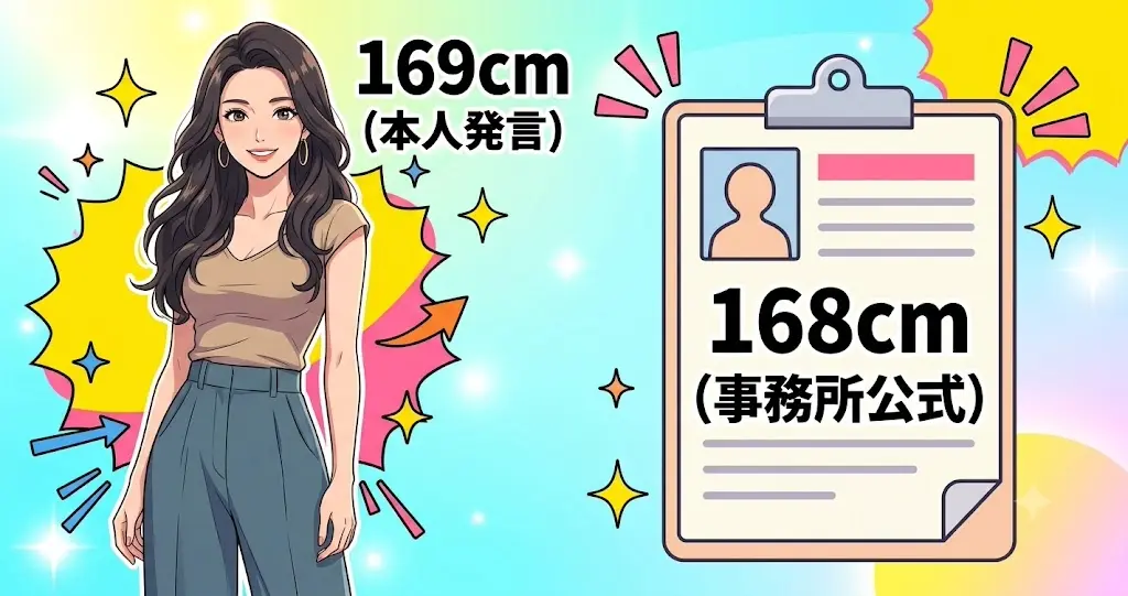 橋本マナミの身長、本人発言の169cmと事務所公式の168cmの比較図解イラスト