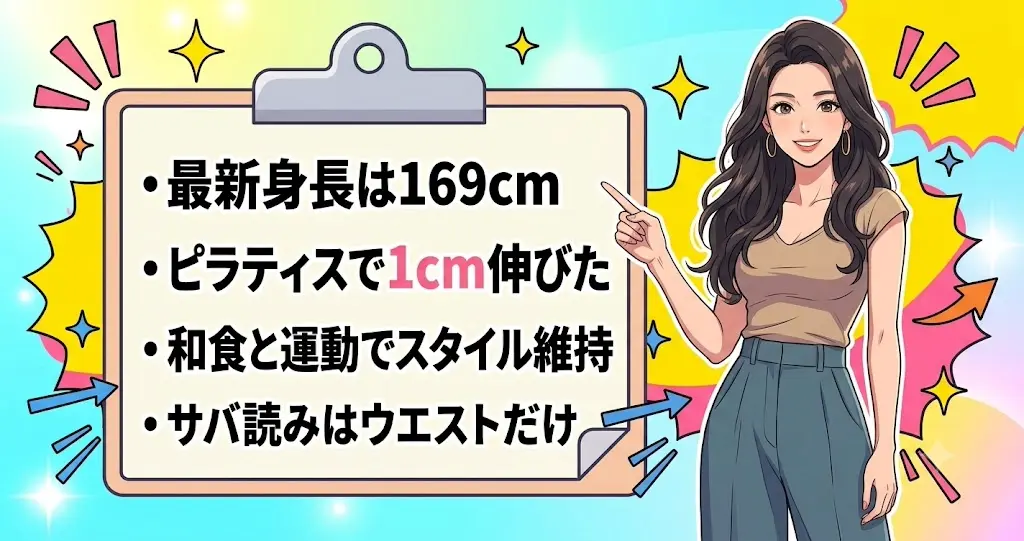 橋本マナミの身長は169cm(公称168cm)、1cm伸びた理由とスタイル維持法のまとめイラスト