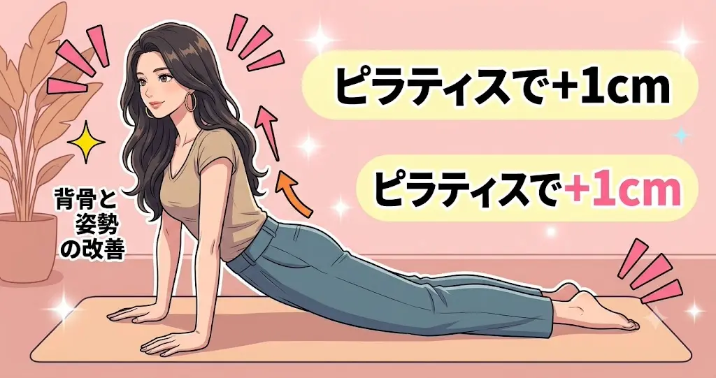 橋本マナミの身長が1cm伸びた理由を解説する、ピラティスによる背骨と姿勢の改善を示した図解イラスト
