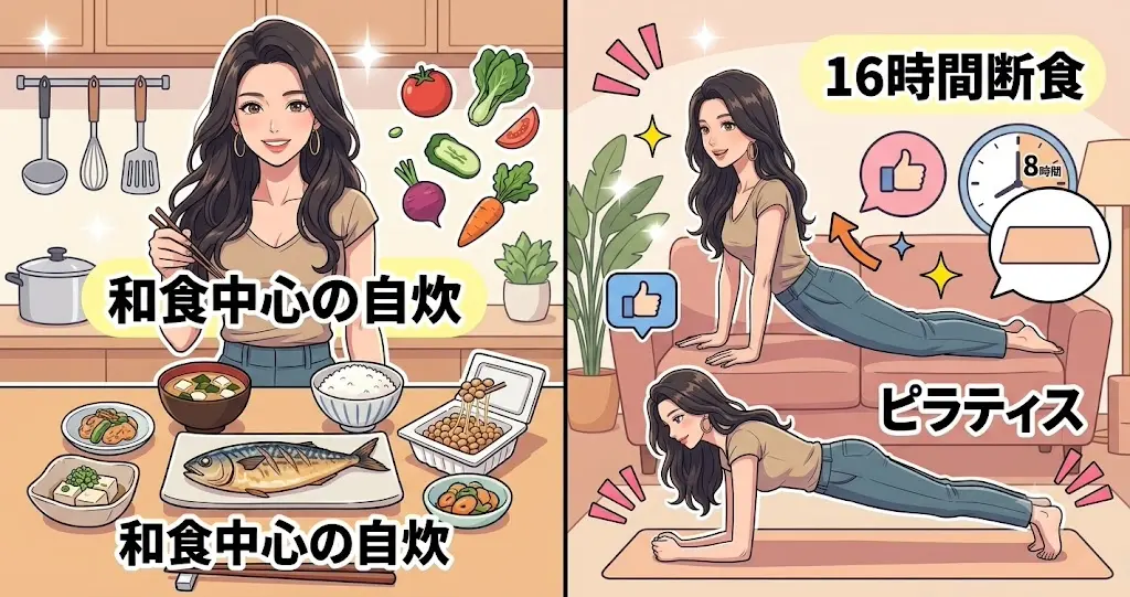 橋本マナミのスタイル維持法(和食中心の自炊・ピラティス・16時間断食)の解説イラスト