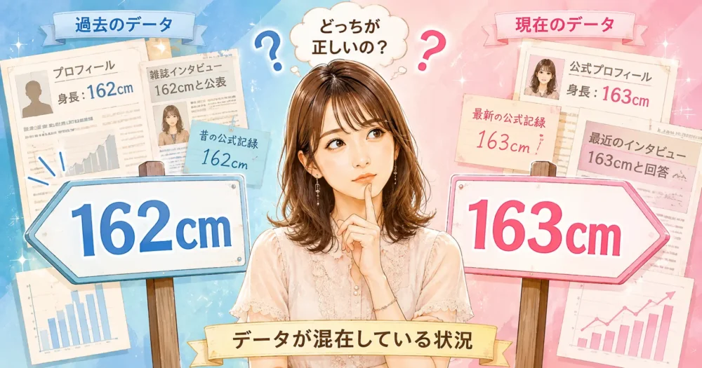 衛藤美彩の身長が162cmと163cmの2つ出回っている理由を図解するイラスト