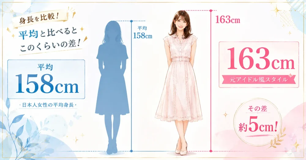 日本人女性の平均身長158cmと衛藤美彩の163cmを比較した図解イラスト
