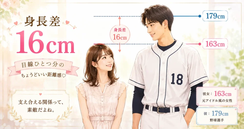 衛藤美彩と夫・源田壮亮の身長差16cmを比較した夫婦のイラスト