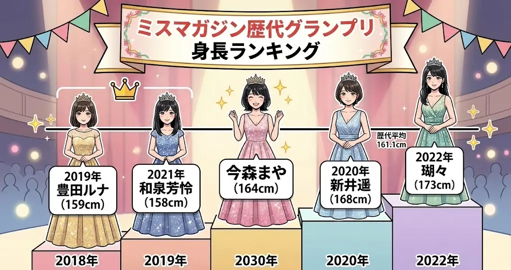 ミスマガジン歴代グランプリ（2018年〜2025年）の身長比較ランキングイラスト。今森まやさんは歴代3番目の高身長（164cm）であることを示す。