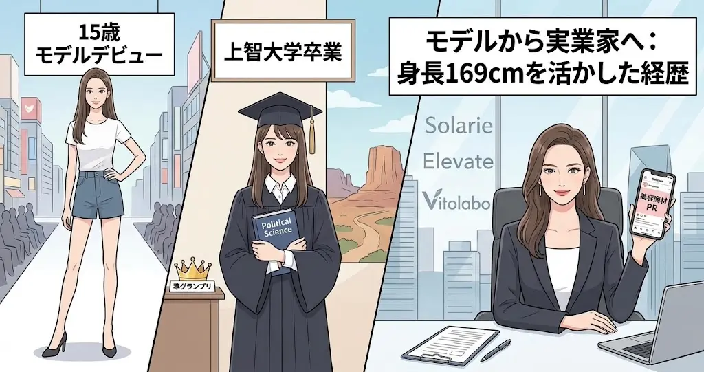 169cmの高身長を活かした15歳モデルデビュー・上智大学時代から実業家への経歴を描いた3コマイラスト