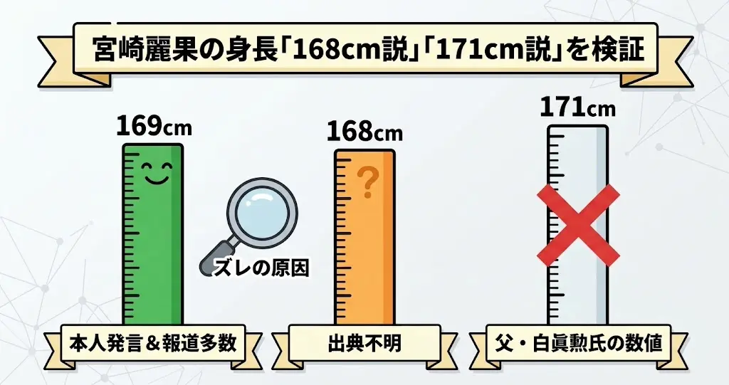 宮崎麗果の身長169cm確定の根拠と168cm・171cmの誤情報・出どころを比較検証した図解イラスト