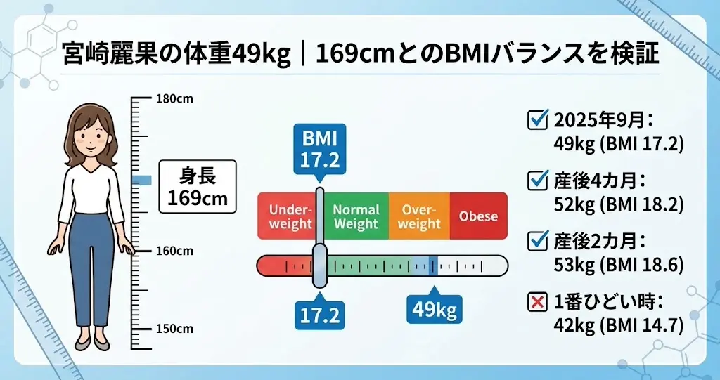 身長169cmに対する宮崎麗果の体重推移とBMIのバランスを解説した図解チャートイラスト