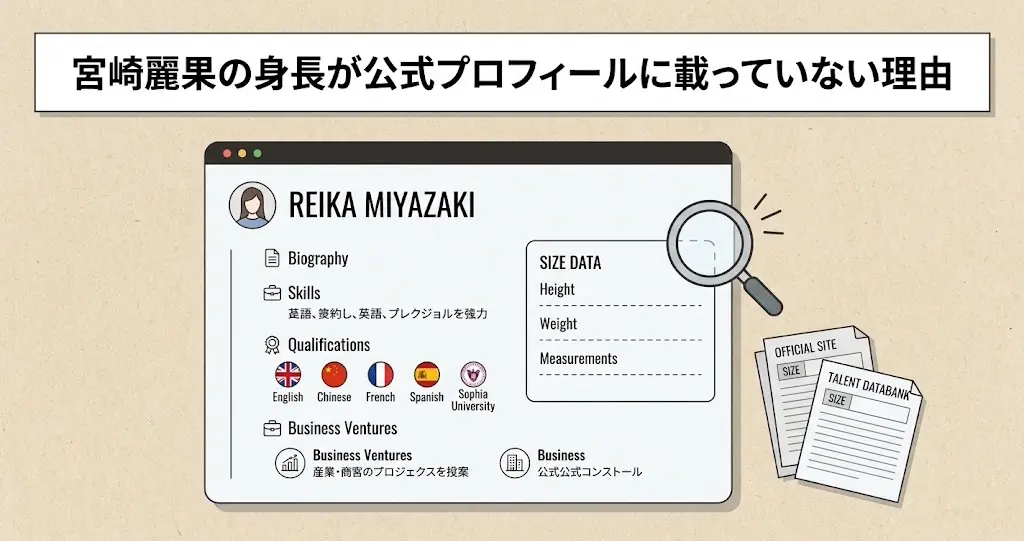 宮崎麗果の公式サイトやタレントデータベースでサイズ欄が空欄になっている理由を解説する図解イラスト