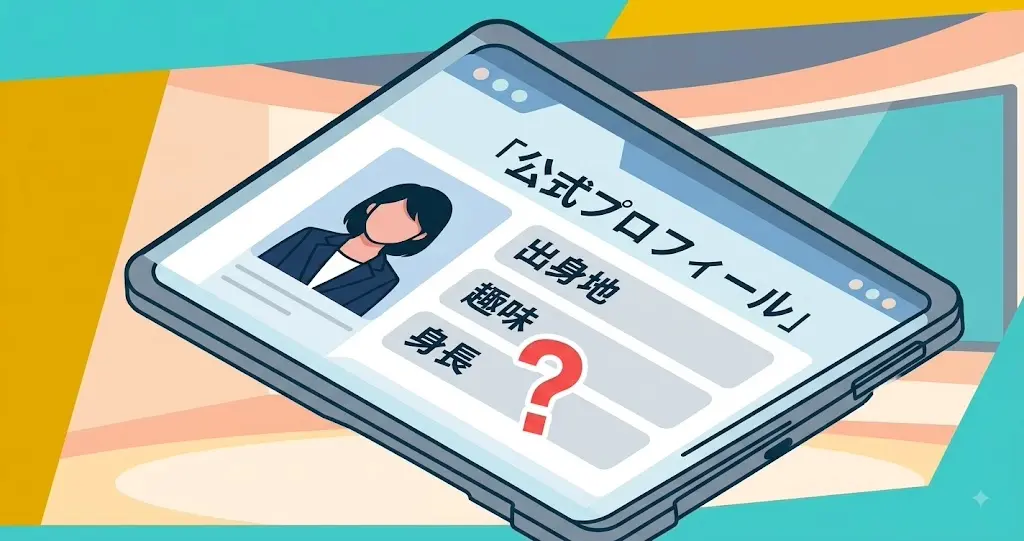 NHKアナウンサー公式プロフィールに身長の項目が存在しないことを示す図解。タブレット端末のモックプロフィールで、身長の横に赤いクエスチョンマークがある。