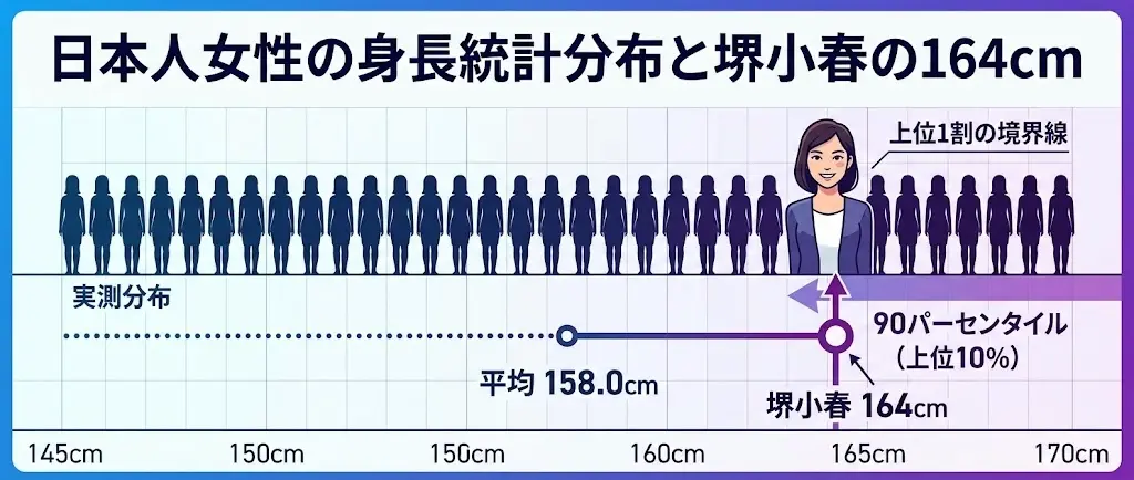 164cmが日本人女性の上位約11%にあたる分布図