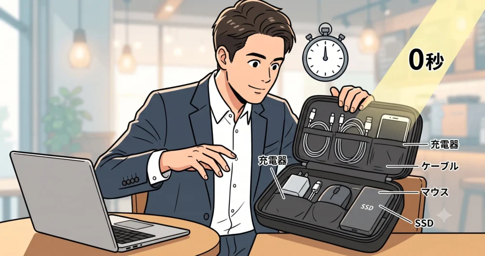カフェで整頓されたガジェットポーチのイラスト。充電器、ケーブル、マウスがそれぞれの「定位置」に収納され、探す時間ゼロ秒を表現。効率的なガジェット収納。