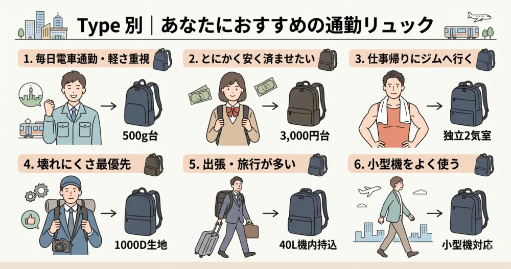タイプ別におすすめの通勤リュックをまとめたイラスト。毎日電車通勤(軽さ重視)、とにかく安く(RAKEE)、仕事帰りにジム(マムート)、頑丈さ最優先(ノースフェイス)、出張・旅行(tomtoc)、小型機をよく使う、の6タイプ別に最適なリュックと特徴を図解。