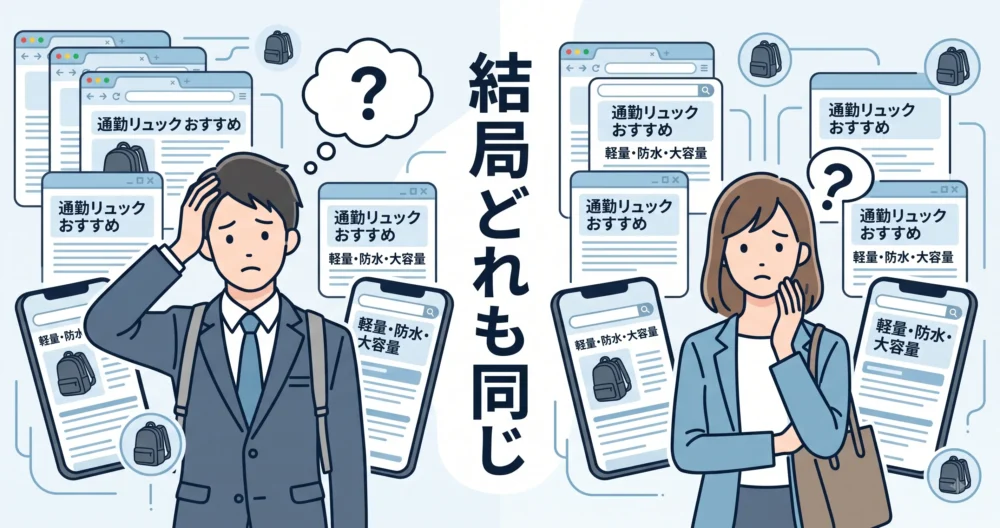 通勤リュックのおすすめ検索で、多くのサイトが「軽量・防水・大容量」と似た言葉を使い、情報過多で混乱する様子を示すイラスト。 |