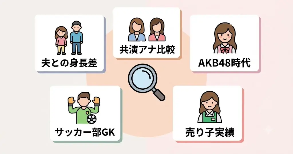 佐藤佳奈の身長を推測するための5つの手がかり(結婚相手との身長差・共演者・アイドル時代等)を整理したイラスト