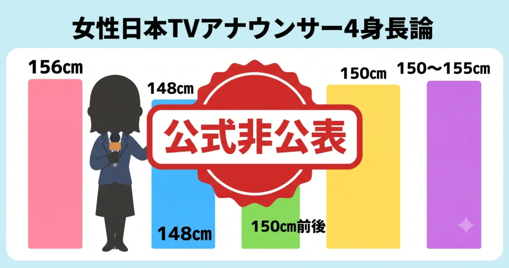 佐藤佳奈の身長に関するネット上の4つの説(156cm・148cm・150cm前後・150〜155cm)を比較検証するイラスト図解