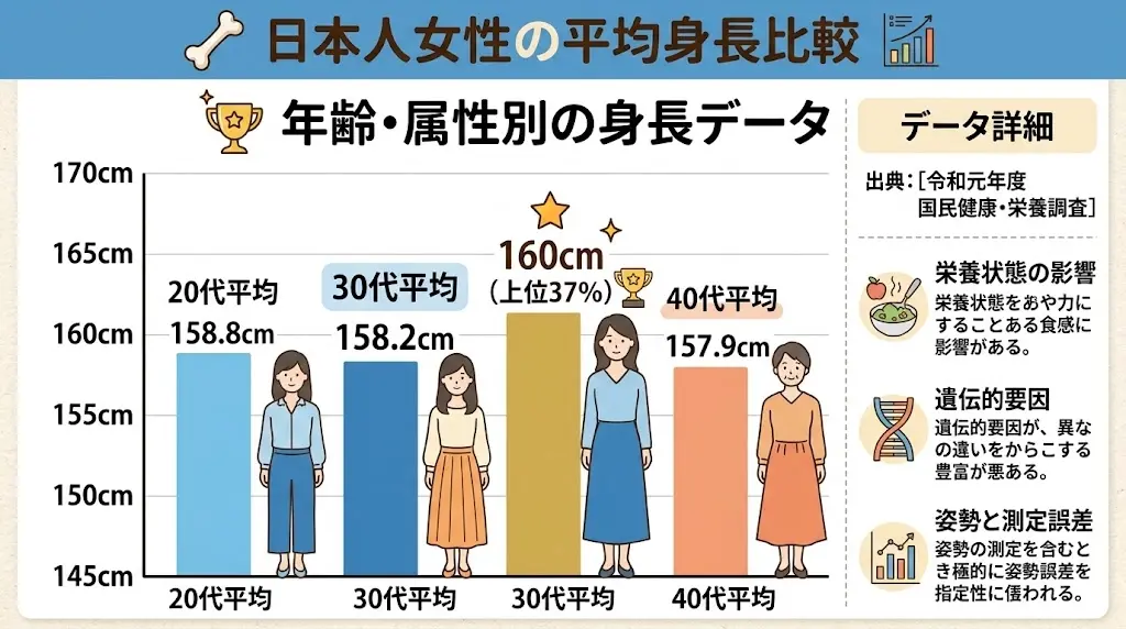 30代女性の平均身長と160cmの位置を示すグラフ